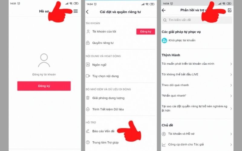 Gửi báo cáo qua mục Báo cáo vấn đề