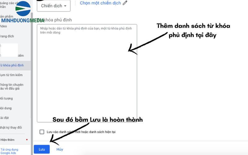 Cách thêm từ khóa phủ định Google Ads